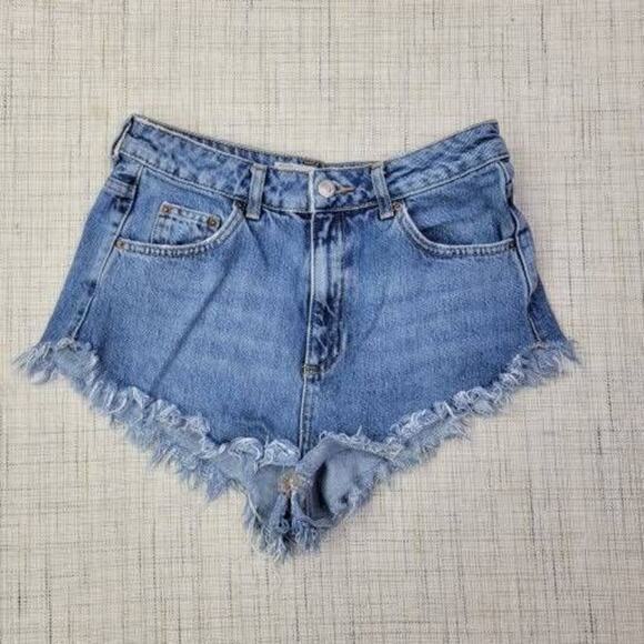 Topshop Moto Kiri Women's Blue Denim Frayed‎ Hem Jean Short Size 6 - Picture 1 of 7